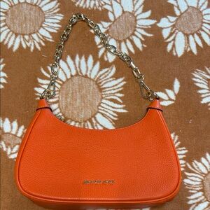 Michael Kors Orange Pebbled Leather Mini Shoulder Bag with Gold Chain Strap